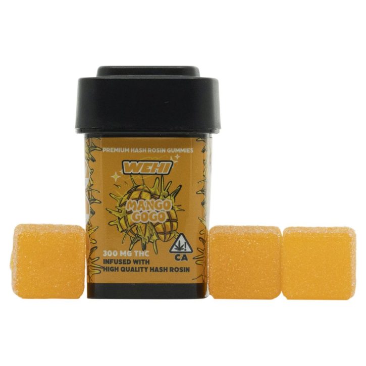 WEHI Premium Hash Rosin Gummies 300mg THC in Mango Gogo and Watermelon Blast flavors, displayed with gummies in front of the containers.