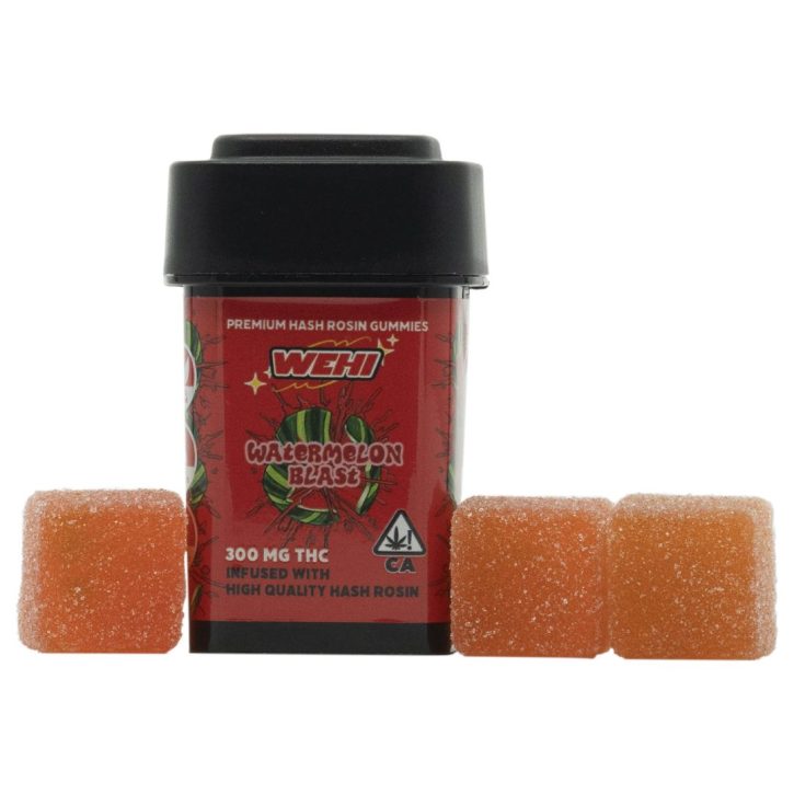 WEHI Premium Hash Rosin Gummies in Mango Gogo and Watermelon Blast flavors, displayed with gummies in front of the containers.
