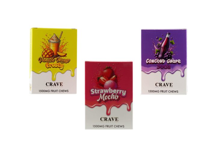 Crave Meds Triple Threat Fruit Chews 1500mg THC Gummies in Vanilla Mango Frosty, Strawberry Mochi, and Concord Grape flavors.